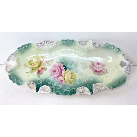 RS Prussia FLORAL 9.5” Dish GREEN ACCENT, Vintage - Picture 5 of 12